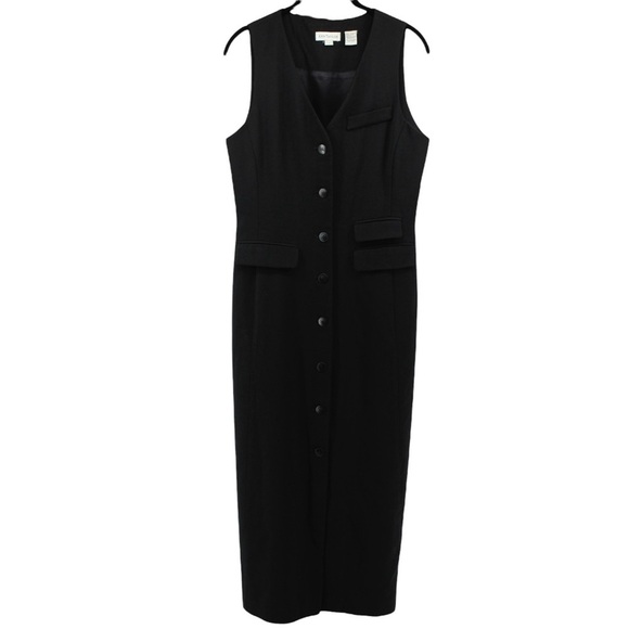 Vintage Y2K Ann Taylor Black Maxi Dress Button up Old Money Capsule 100% Wool 2 - Picture 2 of 10